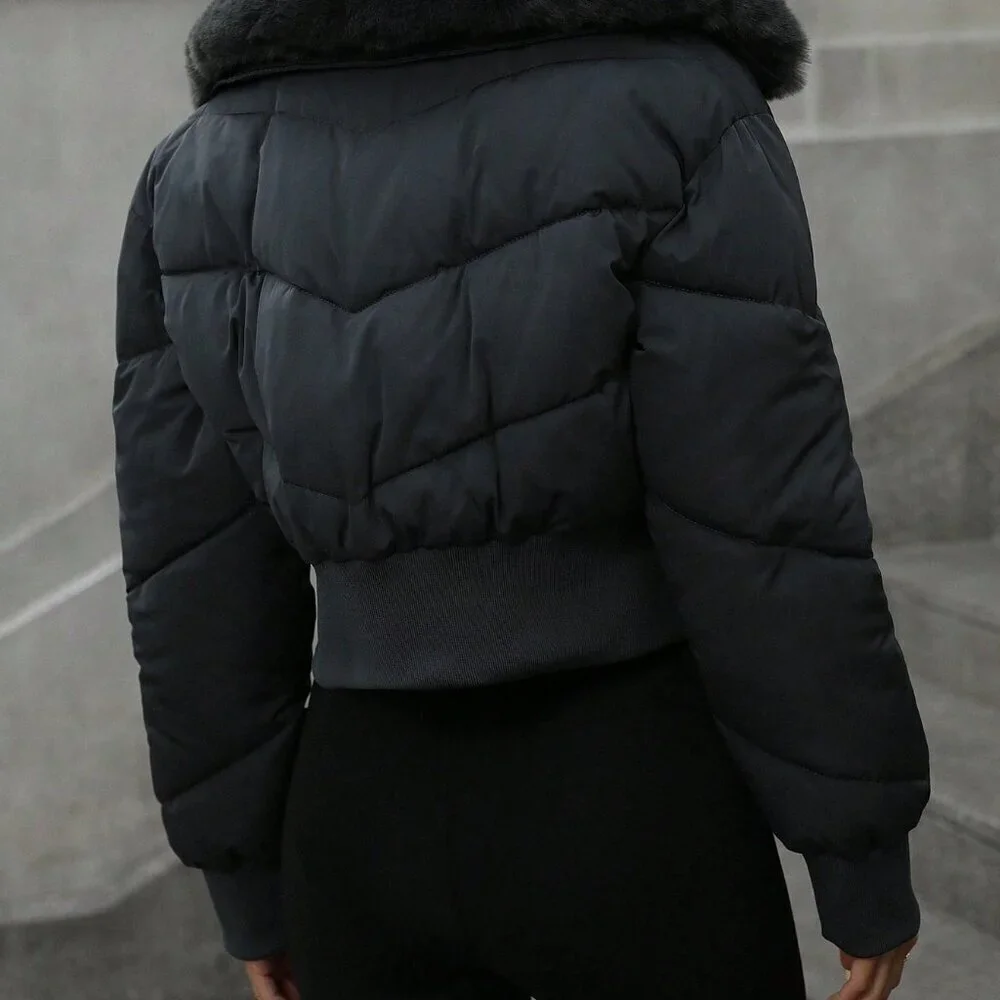 Dark Grey Chic Women's Cropped Collar Gathered Waist Faux Fur Trim Bomber Jacket - Picture 2 of 6